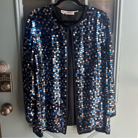 Vintage Jackets & Blazers - Vintage Sequin Beaded 100% Silk Oversized Jacket Oleg Cassini Silver & Blue L